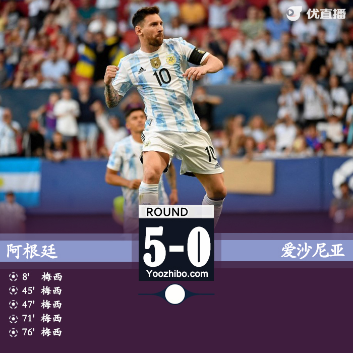 阿根廷5-0爱沙尼亚 梅西五子登科!